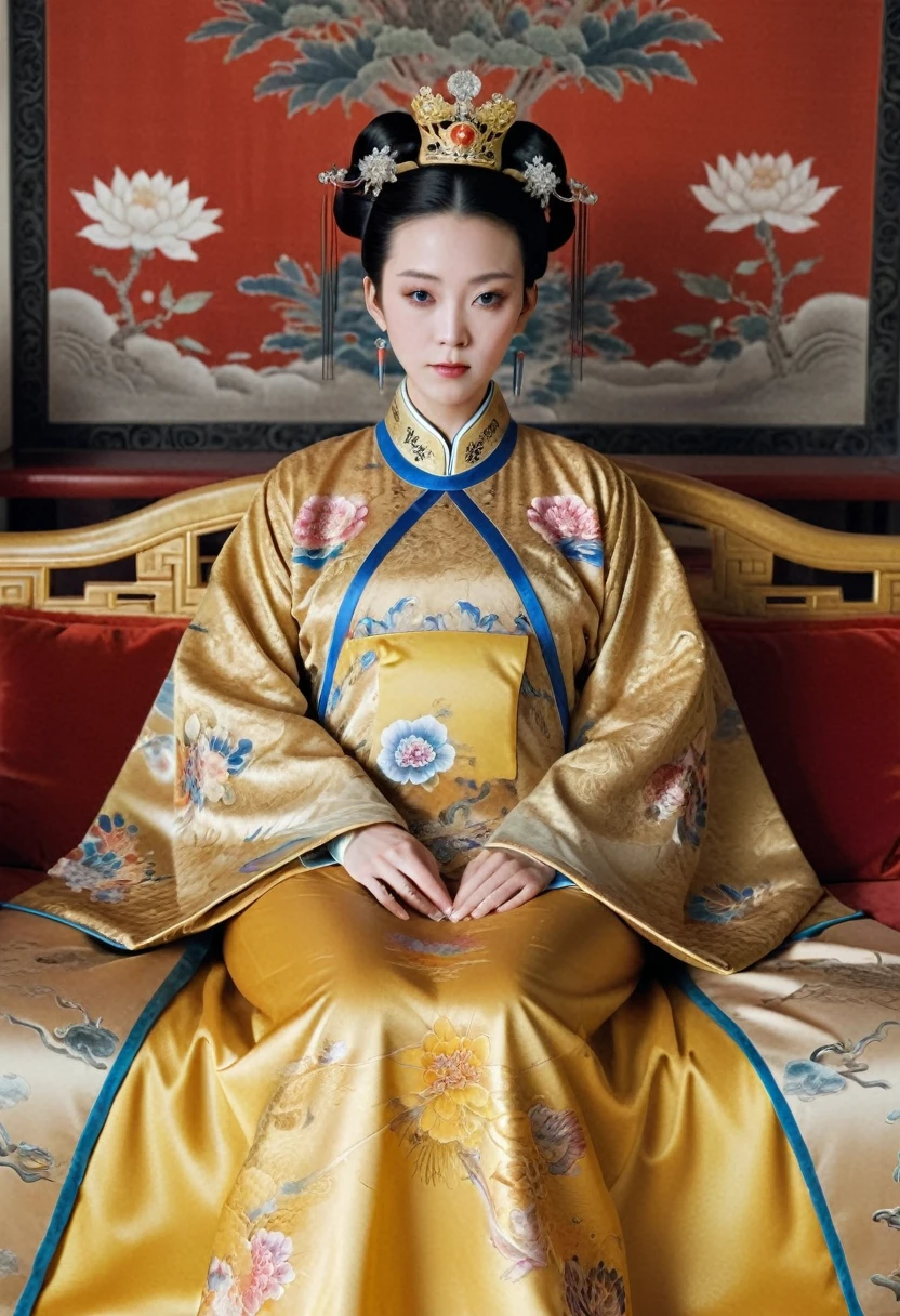 From before the Qing, The Empress sits naked on a golden sofa in the palace, Her eyes are wide open, Her legs were spread, big naked breasts. At the Chinese court during the Qing Dynasty, Empress of the Qing Dynasty, Empress of China, Wearing a large crown, When viewed from below, the abdomen and thighs are visible..。She is completely naked, Showing off gorgeous large flowers and hairpins, She tied her hair up and pulled it up, 背景はEmpress of the Qing Dynastyの豪華な宮殿.