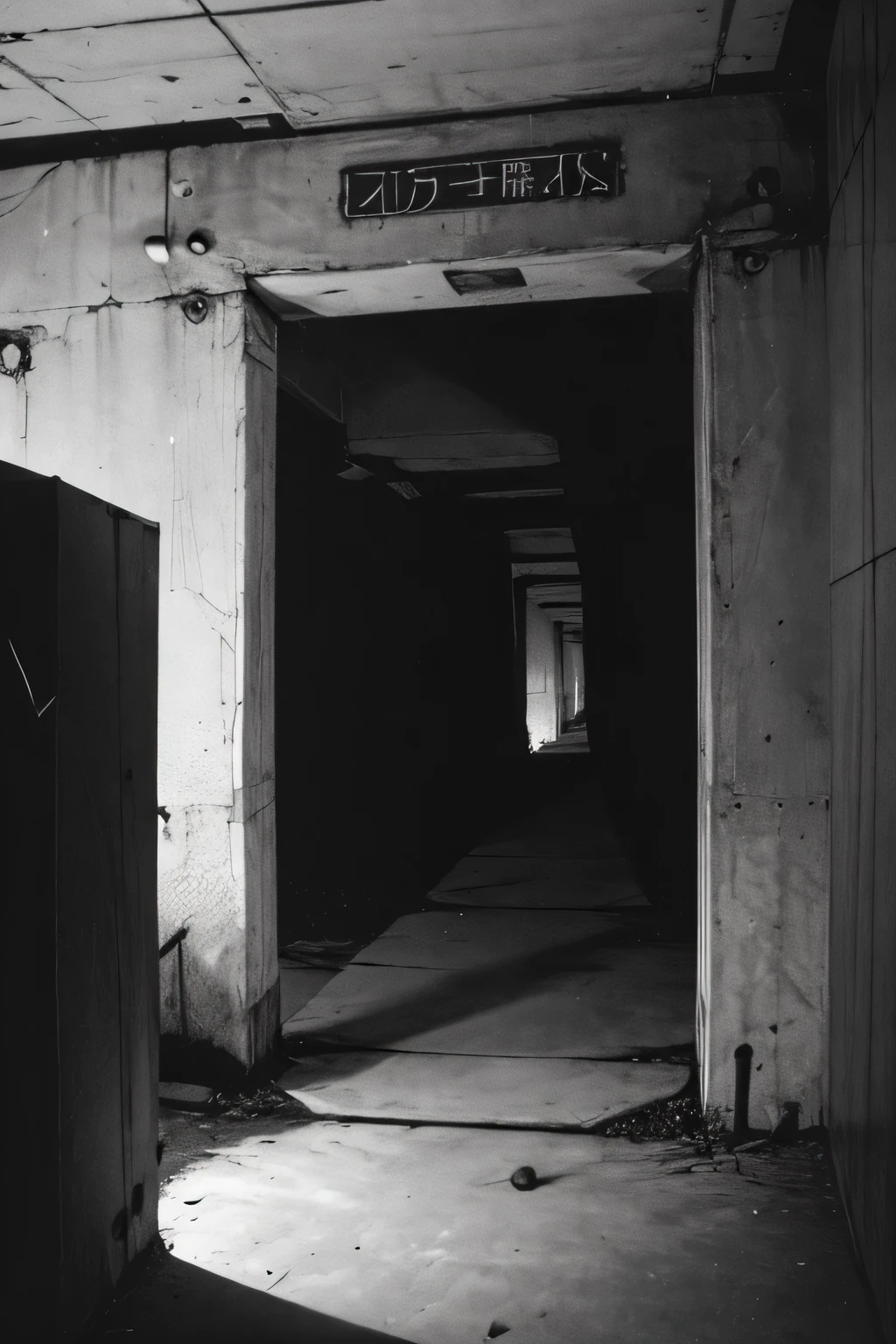 An industrial styled cemetery with open tombs and a infinite dark corridor, black and white and purple