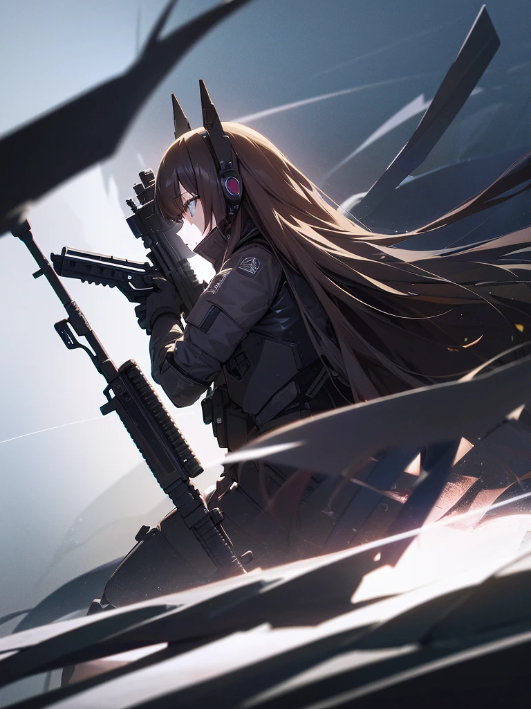 1 Robot,  Get noticed, Holding_gun, assault_rifle, Very detailed, Brown Hair, Long Hair, Anime Style, whole body, alone, Stylish Gunfighter Girl, スチームパンクの長gun身ピストルを持っている,Standing in the Wilderness, 8K high resolution, White Background, The background is a dark and desolate landscape, Horror movie atmosphere. Her figure is very beautiful, Emphasizing the dark and crazy elements. Skillfully expressing the effects of light and shadow, Anime girls with guns and rifles, from Girl&#39; Forefront, Mechanized Soldier Girl