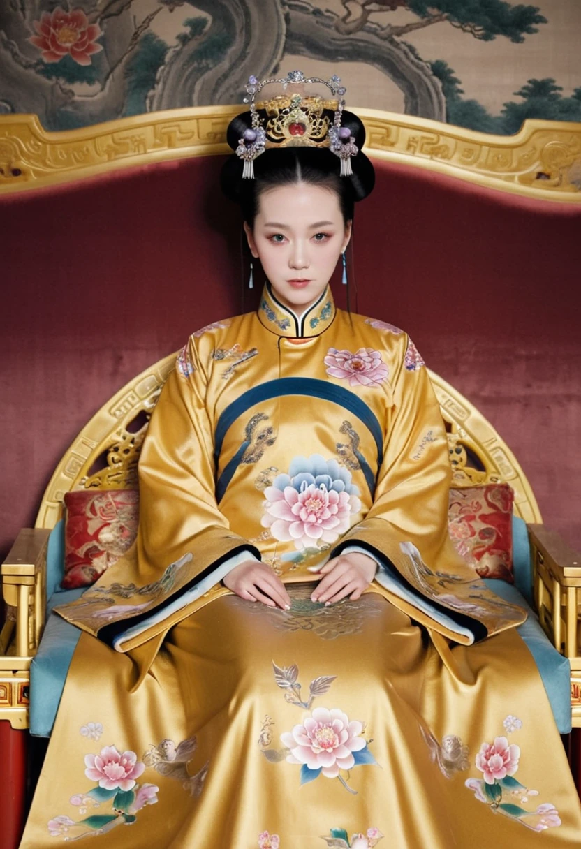 From before the Qing, The Empress sits ????? on a golden sofa in the palace, Her eyes are wide open, Her legs were spread, big naked breasts. At the Chinese court during the Qing Dynasty, Empress of the Qing Dynasty, Empress of China, Wearing a large crown, When viewed from below, the abdomen and thighs are visible..。She is completely ?????, Showing off gorgeous large flowers and hairpins, She tied her hair up and pulled it up, 背景はEmpress of the Qing Dynastyの豪華な宮殿.