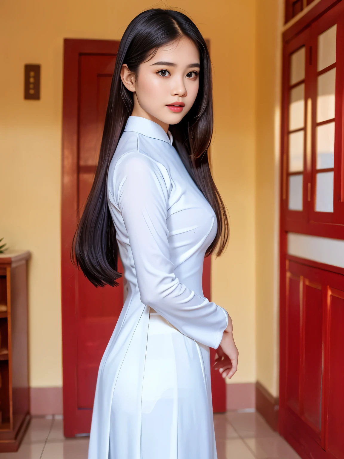 a beautiful young vietnamese girl wearing a traditional white ao dai school uniform, standing in a hallway, (best quality,4k,8k,highres,masterpiece:1.2),ultra-detailed,(realistic,photorealistic,photo-realistic:1.37),hdr:1.4,professional photographer,school,hall,teen,vietnam,vietnamese,asian,female,portrait,elegant,graceful,beautiful detailed eyes,beautiful detailed lips,extremely detailed eyes and face,longeyelashes