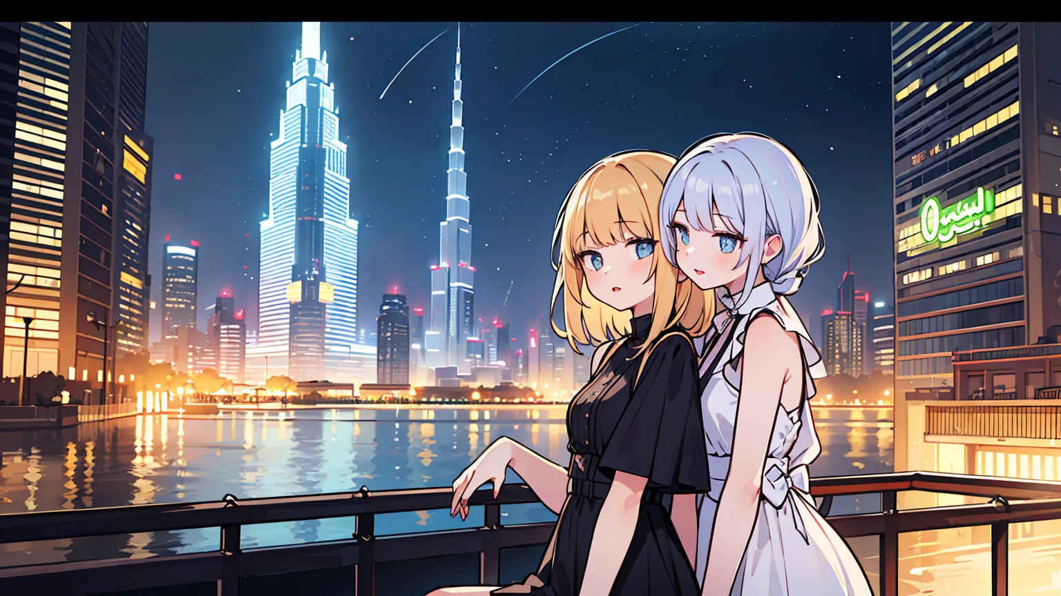 (masterpiece, best quality),2 women, different hair colors, different faces,letterboxed, perfection of fashion,Burton lips, sleeveless,dress,upper body, side,park bench with lake,Sitting on a chair and talking,Night view of Dubai Tower, Full of neon signs