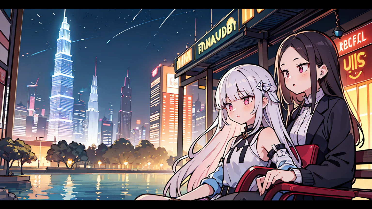 (masterpiece, best quality),2 women, different hair colors, different faces,letterboxed, perfection of fashion,Burton lips, sleeveless,dress,upper body, side,park bench with lake,Sitting on a chair and talking,Night view of Dubai Tower, Full of neon signs