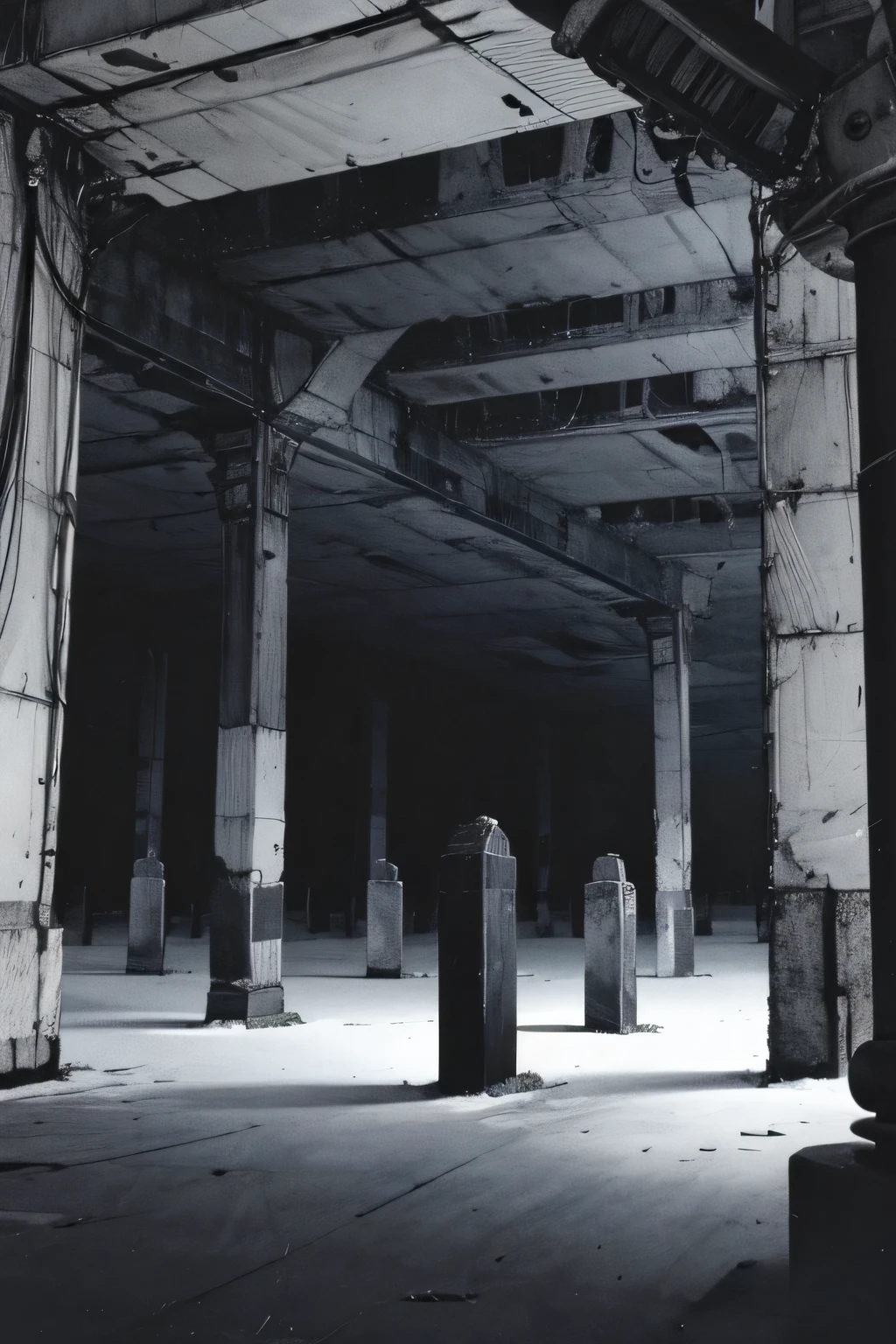 An industrial styled cemetery with open tombs, black and white, purple light