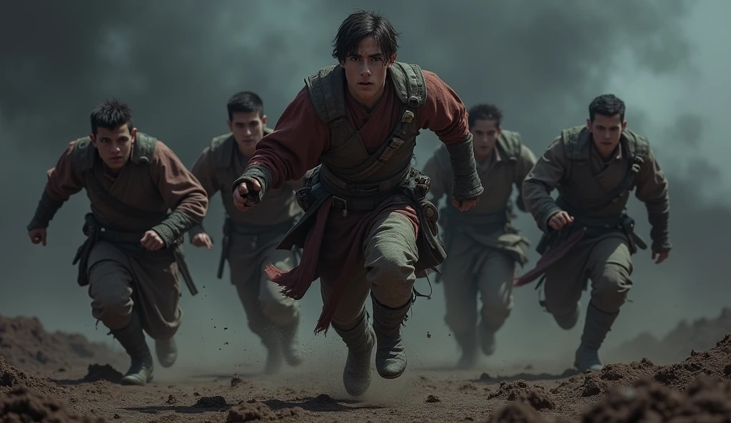 A group of young warrior troops, dressed in shredded clothes, running around on a battlefield. Deep black background, with smoke effect