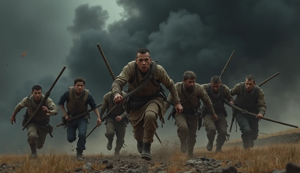A group of young warrior troops, dressed in shredded clothes, running around on a battlefield. Deep black background, with smoke effect