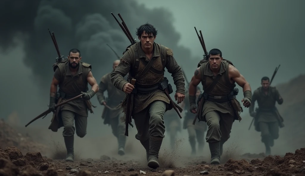 A group of young warrior troops, dressed in shredded clothes, running around on a battlefield. Deep black background, with smoke effect