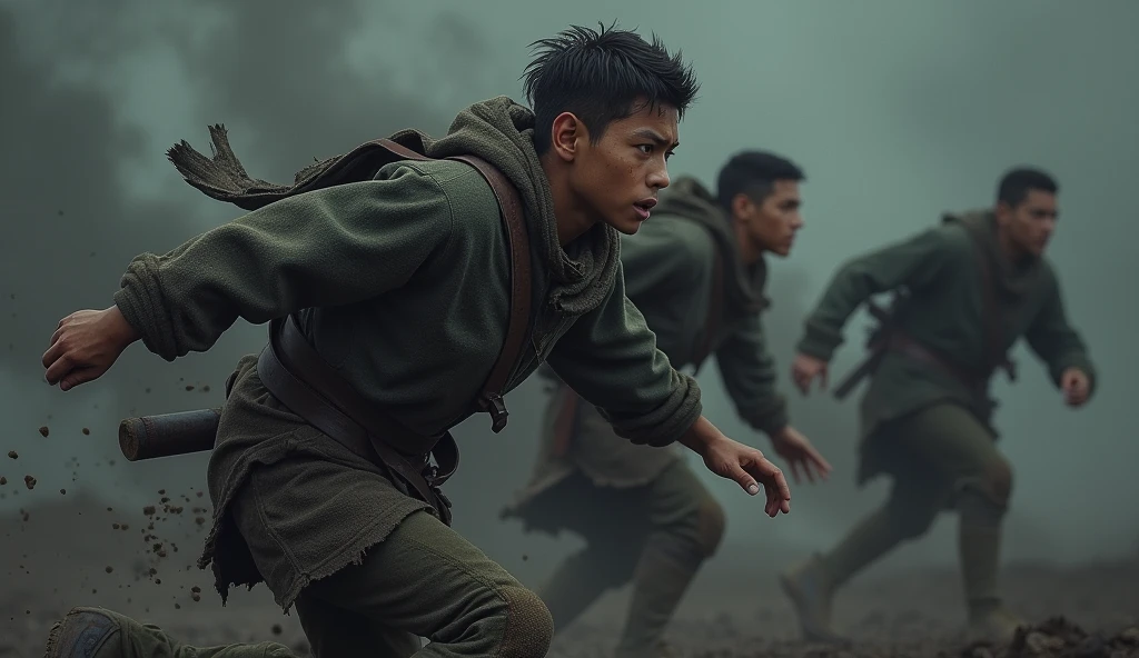A group of young warrior troops, dressed in shredded clothes, running around on a battlefield. Deep black background, with smoke effect