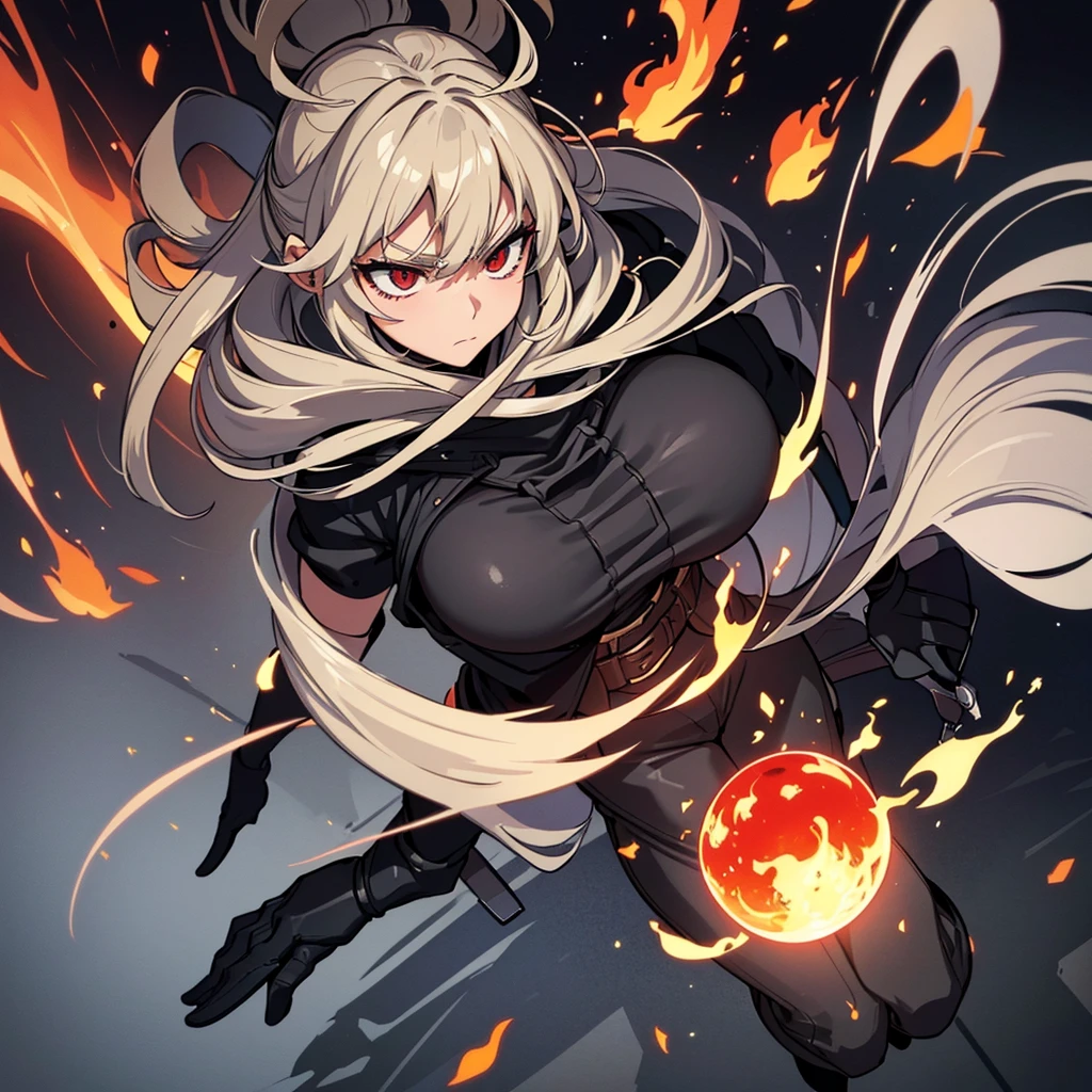 ((((Solo))))、Best illustrations、Best Quality、(Full body character concept、Character Design)、(((Grey Armor、Black trousers、Black gloves))、(woman、18-year-old)、(Blonde、Long Hair)、(Get Ready、Run)、(get annoyed)、(Particles of light, light, fireball、Flaming Ball、Tornado of Fire、Fire Magic)、Dramatic Angle、Red aura、From above at an angle