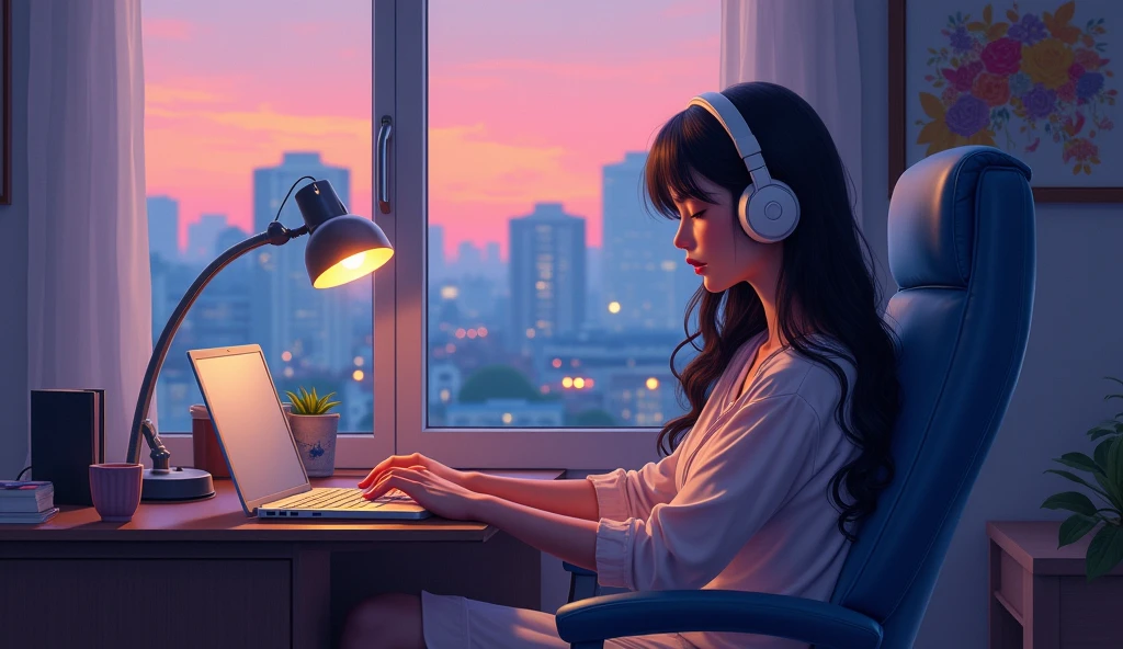 Portrait、512、Lo-Fi、Girl sitting on a chair wearing headphones、Take a nap at your desk、close your eyes、city view outside the window、evening、pastel colour、Painting、Big Breasts、Mystery