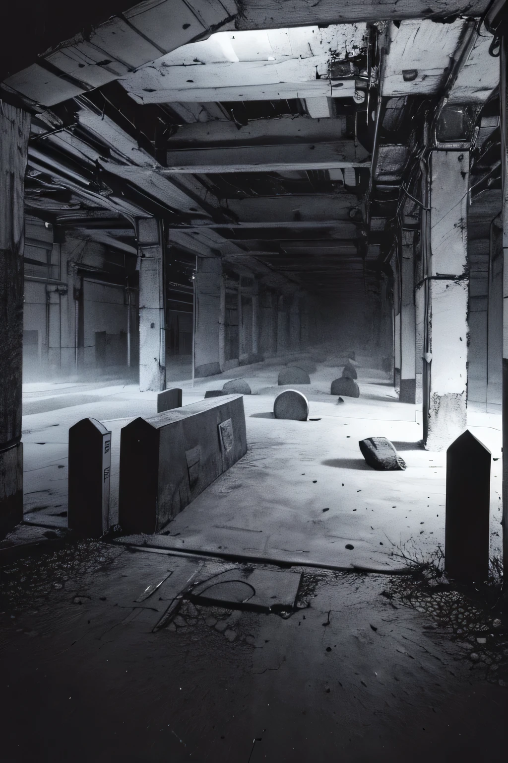 An industrial styled cemetery with open tombs, black and white, purple light