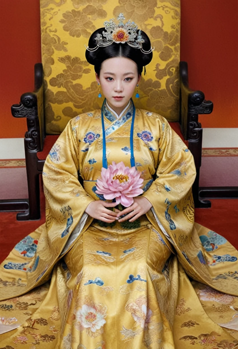 From before the Qing, The Empress sits naked on a golden sofa in the palace, Her eyes are wide open, Her legs were spread, big naked breasts. At the Chinese court during the Qing Dynasty, Empress of the Qing Dynasty, Empress of China, Wearing a large crown, When viewed from below, the abdomen and thighs are visible..。She is completely naked, Showing off gorgeous large flowers and hairpins, She tied her hair up and pulled it up, 背景はEmpress of the Qing Dynastyの豪華な宮殿.