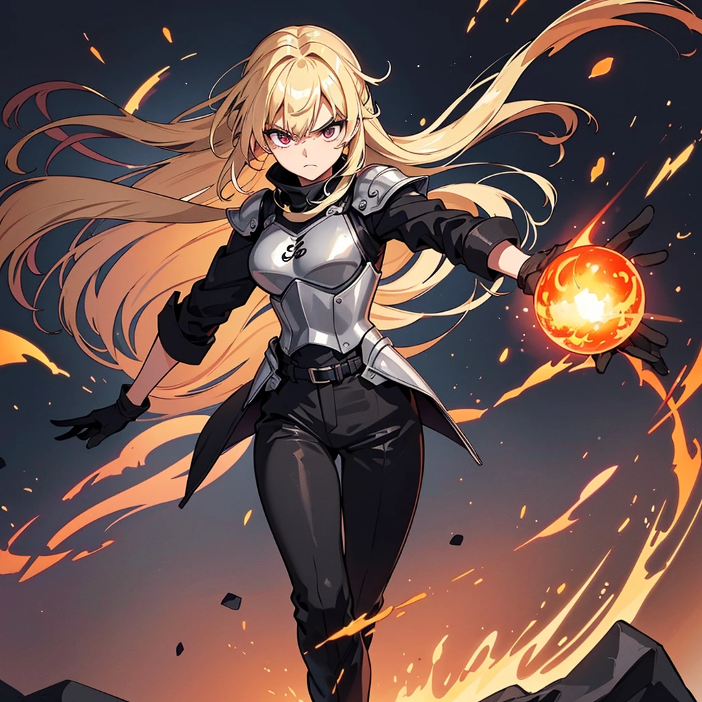 ((((Solo))))、Best illustrations、Best Quality、(Full body character concept、Character Design)、(((Grey Armor、Black trousers、Black gloves))、(woman、18-year-old)、(Blonde、Long Hair)、(Get Ready、Run)、(get annoyed)、(Particles of light, light, fireball、Flaming Ball、Tornado of Fire、Fire Magic)、Dramatic Angle、Red aura、Diagonally from behind
