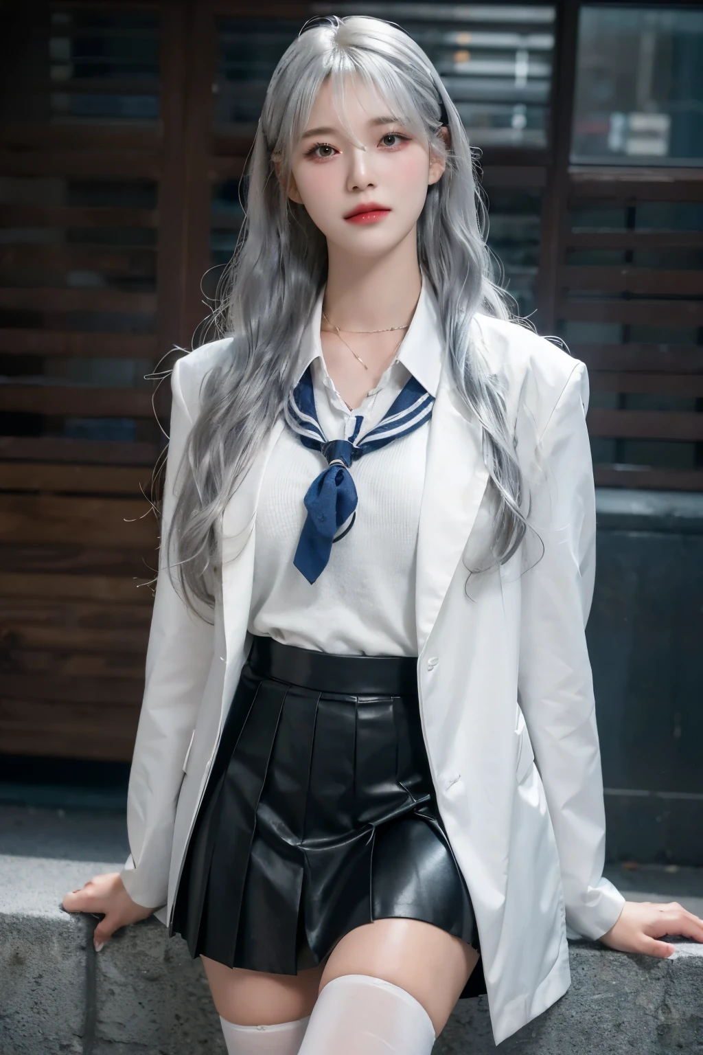 Multi-layered outfit,((half white lab coat outside)),(sailor collar school uniform),shirt, pleated skirt,(black pantyhose),[:(detailed face:1.2):0.2], raw photo, (masterpiece), (best quality), highres, (realistic, photo-realistic:1.2), ultra detailed, physically-based rendering, 1girl, air bangs, long hair, (silvery hair), wavy hair, 