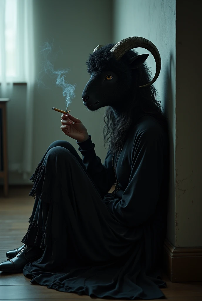 A pretty black sheep woman with a cigarette in her hand sitting in a corner of her room, prettier as a human and depressed like that but only with her face being a sheep and her body like a gothic woman, her face like a sheep and Chinese
