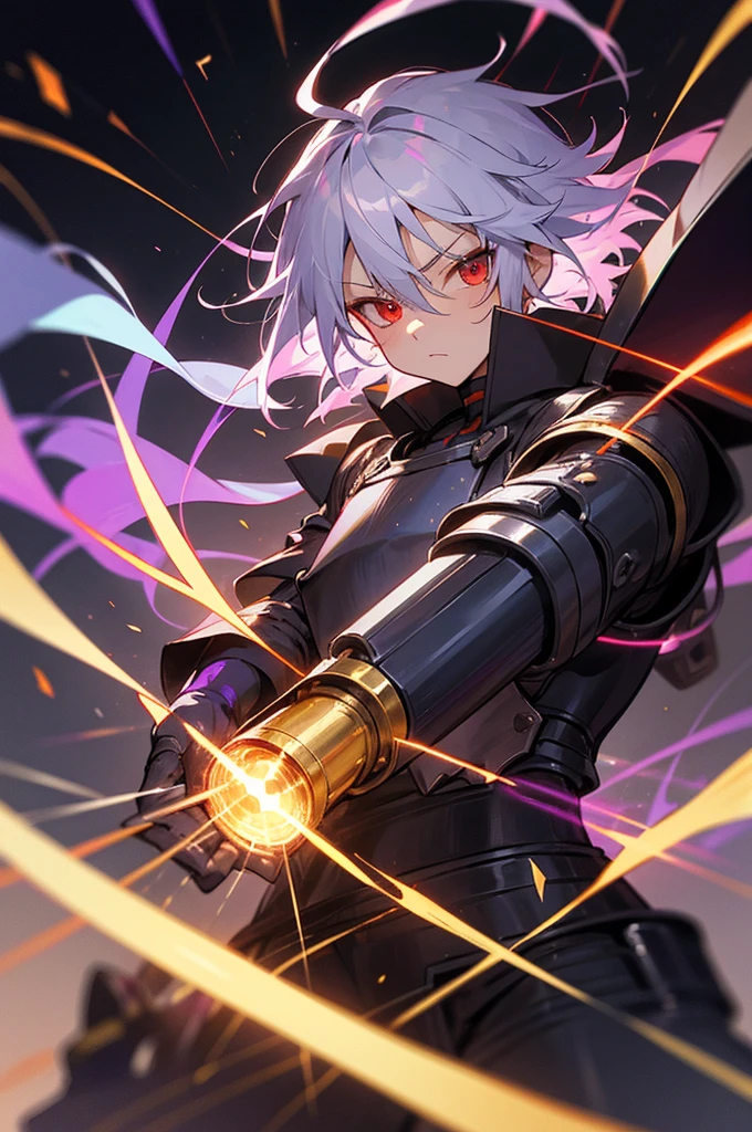 Silver-haired, red-eyed boy, about 7 years old, Shota, Cyborg, Right armbto a cannon、Charged with golden energy. Sense of speed. A cannon charged with a large amount of purple energy is coming from its back and pointing towards the viewer. Background. Cracked hologram. Going crazy. Black armor.