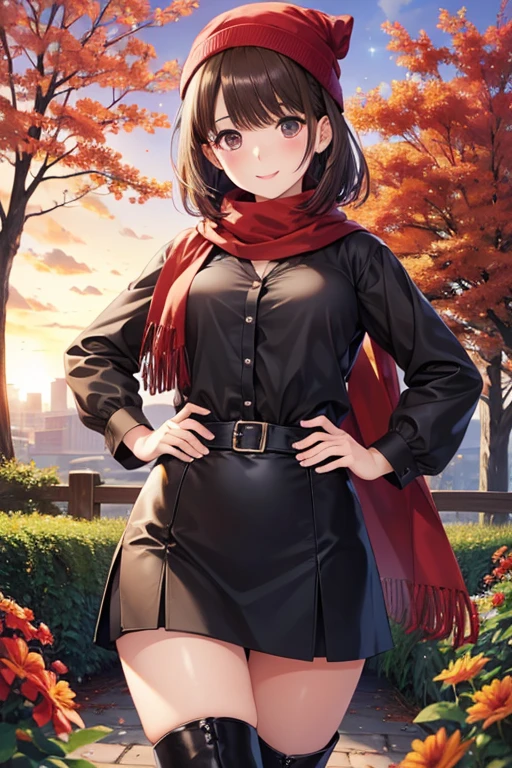 anegasaki nene、Shiny brown hair, short hair, (Beautiful brown eyes、Sparkling eyes, Fine grain)、smile、Ultra-detailed eyes、Highly detailed face, Highly detailed eyes,
((masterpiece, Highest quality)), High resolution, Beautiful woman looking at the viewer, Hands on hips, Wide Hips, smile, Brown Parker, black midi Pencil Skirt, Pencil Skirt, Red Beanie, Leather boots, Red scarf, whole body, medium purple hair, garden, Autumn Night, sunset, wood, Leaves fall, garden, Flowers