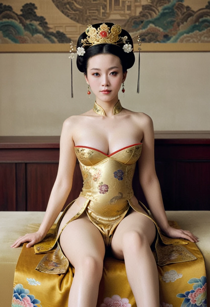 From before the Qing, The Empress sits naked on a golden sofa in the palace, Her eyes are wide open, Her legs were spread, big naked breasts. At the Chinese court during the Qing Dynasty, Empress of the Qing Dynasty, Empress of China, Wearing a large crown, When viewed from below, the abdomen and thighs are visible..。She is completely naked, Showing off gorgeous large flowers and hairpins, She tied her hair up and pulled it up, 背景はEmpress of the Qing Dynastyの豪華な宮殿.