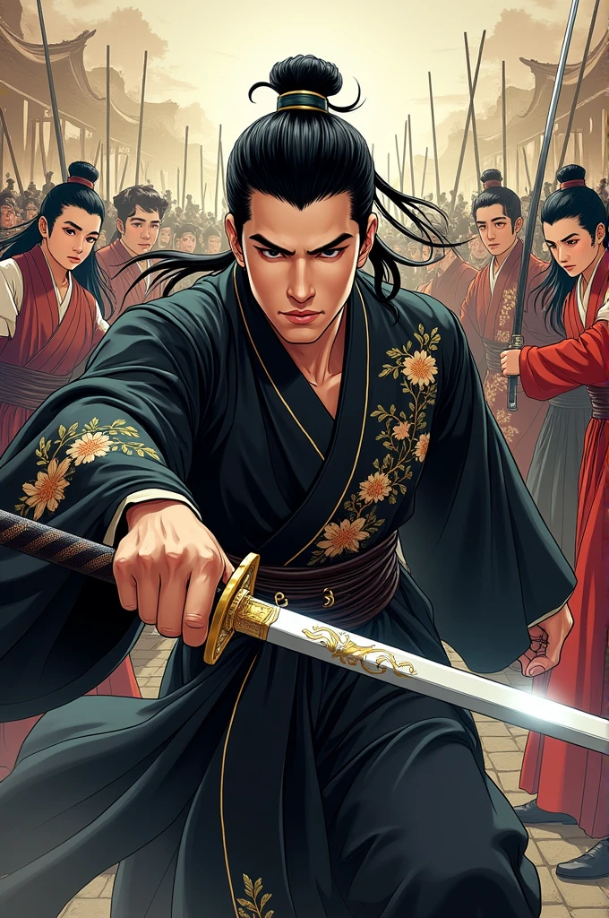 Ancient Chinese manhua style, a young man with sharp features, broad face, wearing a jet black hanfu with flowers embroidered on it manhua style. The man is slim and graceful. With waist-length black hair. the act of reaching forward.
The background is many people wearing ancient Chinese costumes holding high swords. manhua style