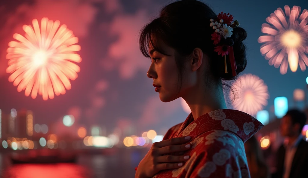 (best quality, masterpiece, ultra detailed), A close-up of a woman in a kimono at a night fireworks festival, lost in thought with her hand on her chest