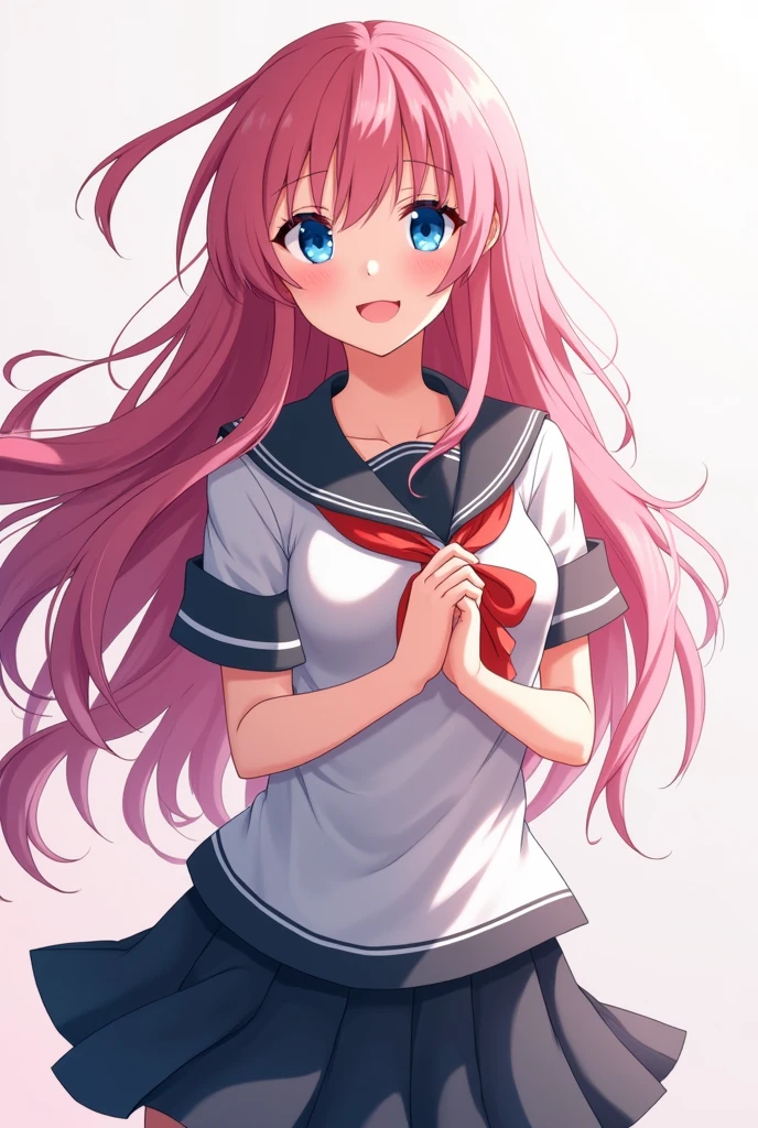 A stunning 17-year-old anime schoolgirl with flowing, long pink hair and bright blue eyes. She is dressed in a typical Japanese school uniform, with a pleated skirt and a sailor-style collar. Her hair cascades down her back, and she has a radiant smile on her face, her hands gently clasped together in front of her as if she’s ready to take on any challenge. The sunlight catches in her eyes, reflecting her optimistic and determined spirit. Her pose and expression exude a blend of sweetness and strength, making her both beautiful and ready for action