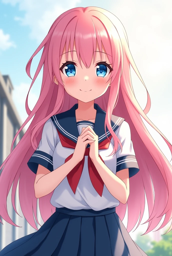 A stunning -yeld an schoolgir flowing, long pink hair and bright blue eyes. She is dressed in a typical Japanese school uniform, with a pleated skirt and a sailor-style collar. Her hair cascades down her back, and she has a radiant smile on her face, her hands gently clasped together in front of her as if she’s ready to take on any challenge. The sunlight catches in her eyes, reflecting her optimistic and determined spirit. Her pose and expression exude a blend of sweetness and strength, making her both beautiful and ready for action