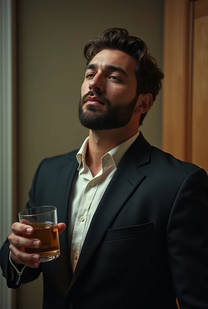 make a sloppy suit men, with dark circles and drinking 