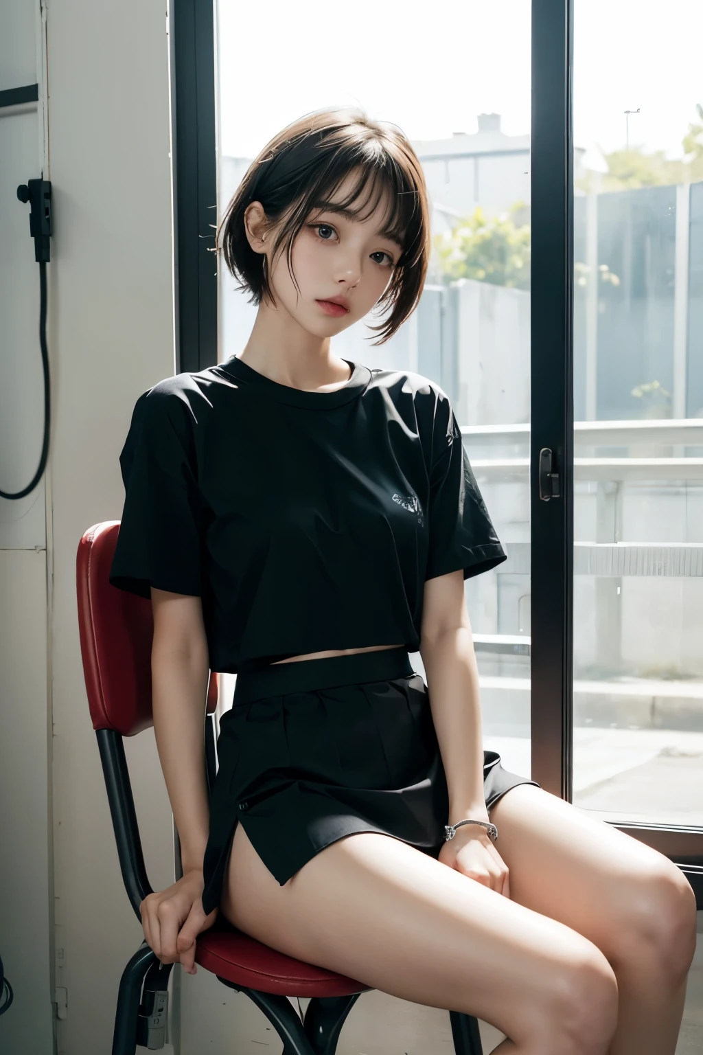 Cute girl is confined and tied up、White panties under a black mini tight skirt、Short sleeve shirt、Tied to a chair with a rope、beauty、Age 18、Medium、Cute face、Innocent look、Realistic Face、Her hands are tied behind her back with a red rope、Short Hair、Shooting from directly below using a reflector