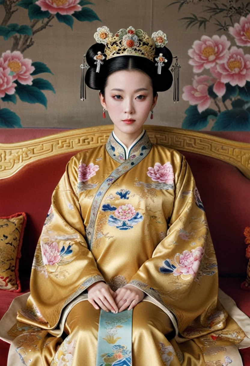 From before the Qing, The Empress sits naked on a golden sofa in the palace, Her eyes are wide open, Her legs were spread, big naked breasts. At the Chinese court during the Qing Dynasty, Empress of the Qing Dynasty, Empress of China, Wearing a large crown, When viewed from below, the abdomen and thighs are visible..。She is completely naked, Showing off gorgeous large flowers and hairpins, She tied her hair up and pulled it up, 背景はEmpress of the Qing Dynastyの豪華な宮殿.