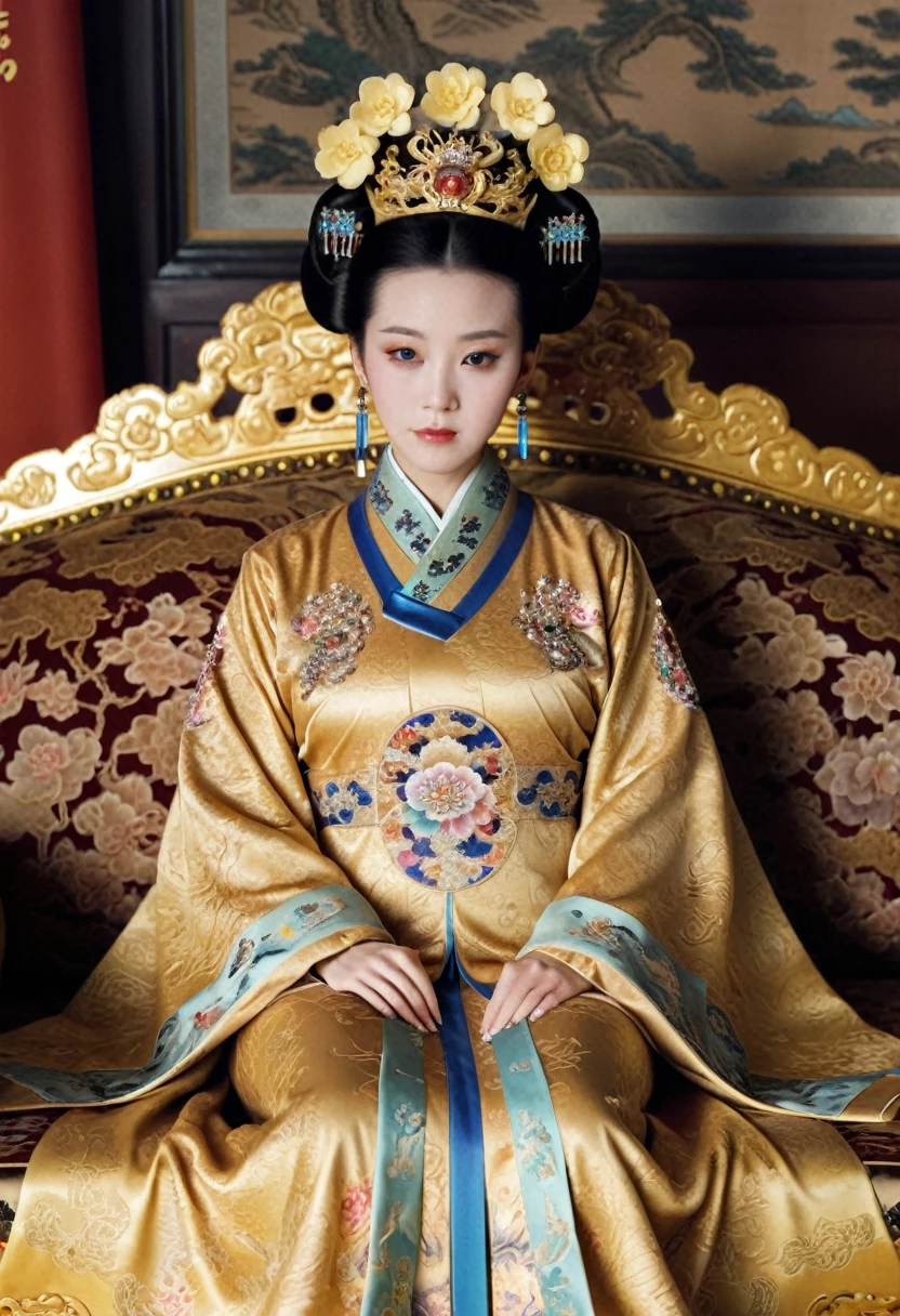 From before the Qing, The Empress sits naked on a golden sofa in the palace, Her eyes are wide open, Her legs were spread, big naked breasts. At the Chinese court during the Qing Dynasty, Empress of the Qing Dynasty, Empress of China, Wearing a large crown, When viewed from below, the abdomen and thighs are visible..。She is completely naked, Showing off gorgeous large flowers and hairpins, She tied her hair up and pulled it up, 背景はEmpress of the Qing Dynastyの豪華な宮殿.