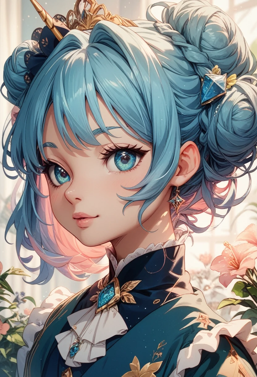 The pony is a unicorn, the skin color is light blue, the hair is pink and plum. Her hair is caught in a bun with a beautiful blue hairpin. The clothes are beautiful and sophisticated. The pony is elongated and mature. Decorating.