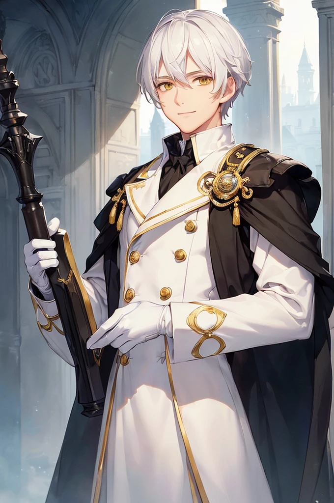 (((masterpiece; best quality: 1.2))), (finely detailed eyes: 1.3), ((1 young man)), ((solo)), (yellow eyes: 1.4), (body shape; lean, masculine, manly: 1.3), (very short white hair: 1.3), (beautiful and clear background: 1.2), ((depth of field)), (equipment: high-fantasy nobleman attire + white long-sleeve overcoat + black vest + black high-neck shirt + gloves: 1.3), (anime illustration: 1.2), (background composition; palace gardens + day: 1.1), (extremely handsome: 1.1), (shot composition; standing + centered on face + bust close-up: 1.5), (facial expression; calm, smile: 1.2)