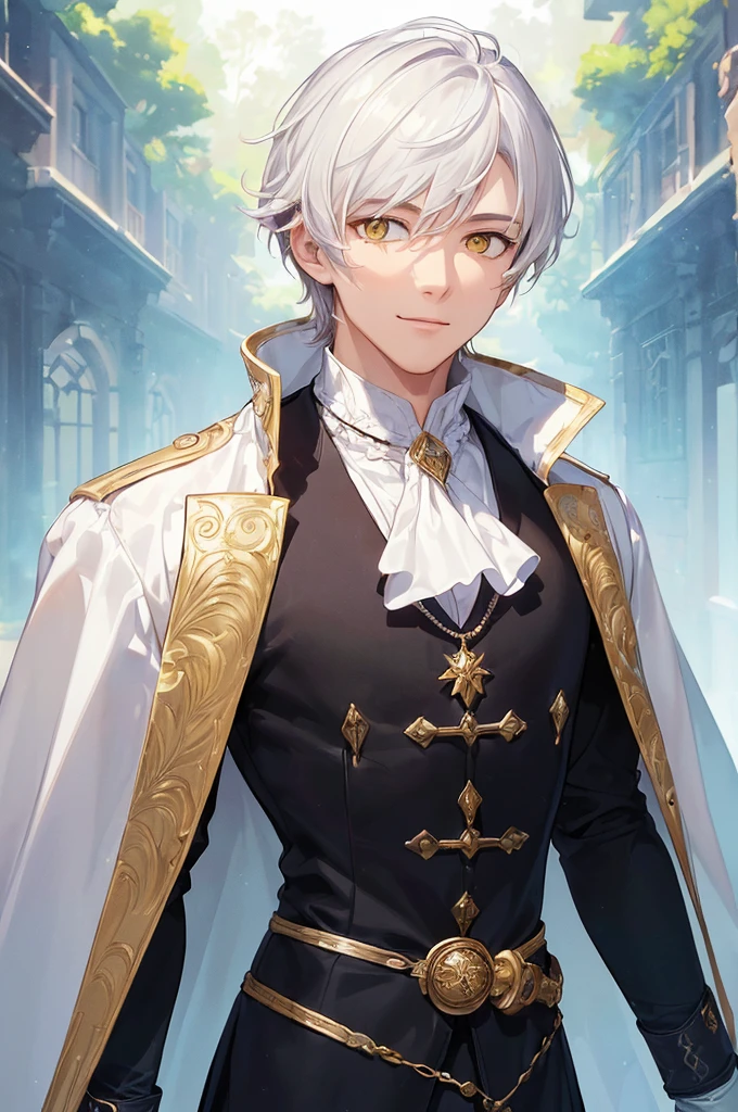(((masterpiece; best quality: 1.2))), (finely detailed eyes: 1.3), ((1 young man)), ((solo)), (yellow eyes: 1.4), (body shape; lean, masculine, manly: 1.3), (very short white hair: 1.3), (beautiful and clear background: 1.2), ((depth of field)), (equipment: high-fantasy nobleman attire + white long-sleeve overcoat + black vest + black high-neck shirt + gloves: 1.3), (anime illustration: 1.2), (background composition; palace gardens + day: 1.1), (extremely handsome: 1.1), (shot composition; standing + centered on face + bust close-up: 1.5), (facial expression; calm, smile: 1.2)