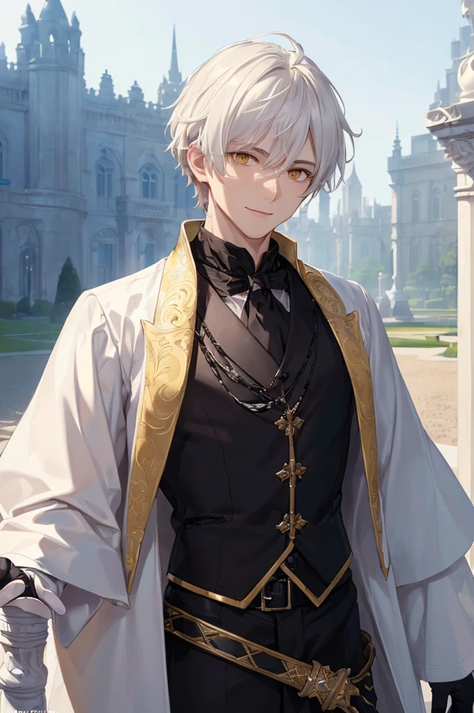 (((masterpiece; best quality: 1.2))), (finely detailed eyes: 1.3), ((1 young man)), ((solo)), (yellow eyes: 1.4), (body shape; lean, masculine, manly: 1.3), (very short white hair: 1.3), (beautiful and clear background: 1.2), ((depth of field)), (equipment: high-fantasy nobleman attire + white long-sleeve overcoat + black vest + black high-neck shirt + gloves: 1.3), (anime illustration: 1.2), (background composition; palace gardens + day: 1.1), (extremely handsome: 1.1), (shot composition; standing + centered on face + bust close-up: 1.5), (facial expression; calm, smile: 1.2)