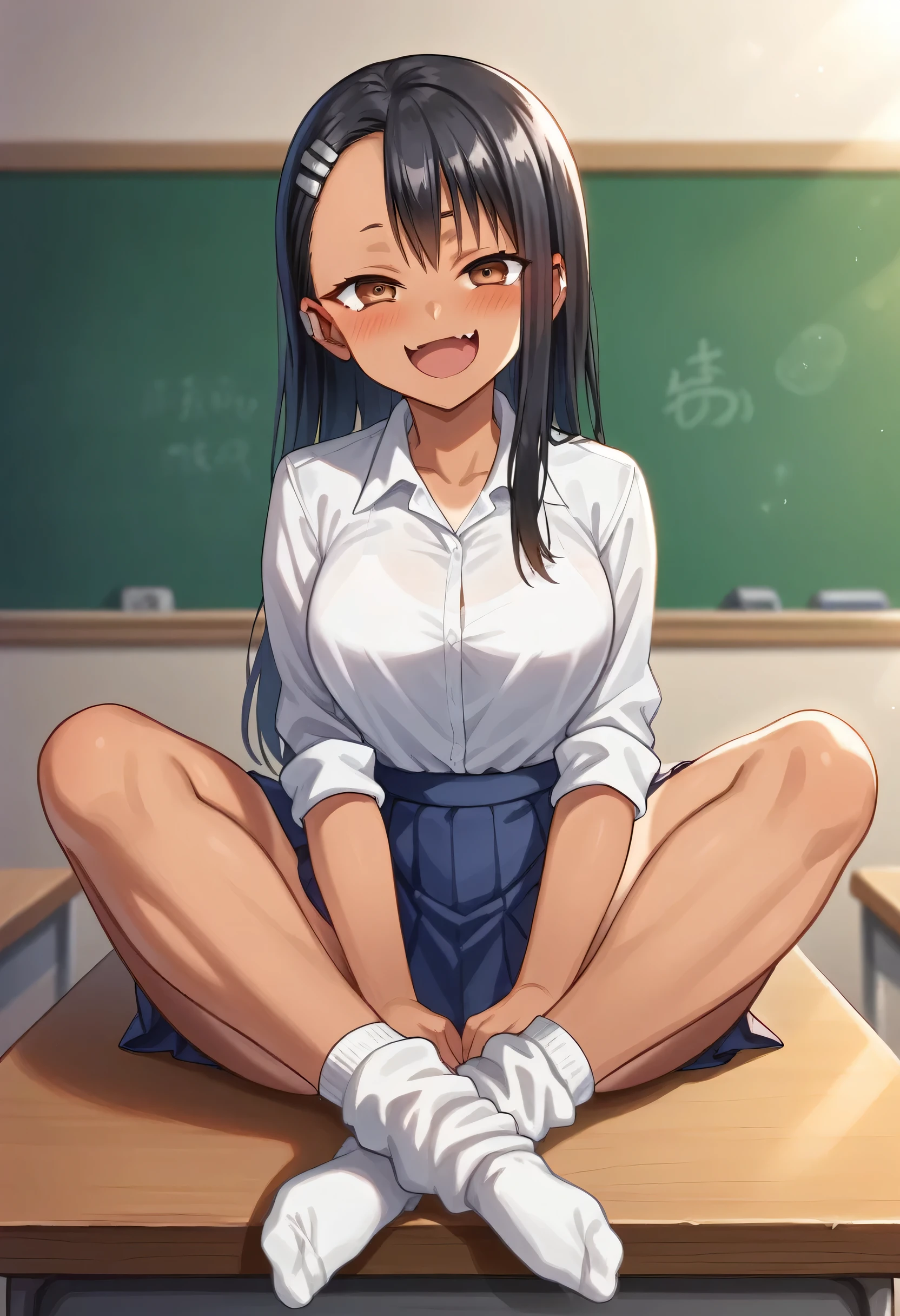 best quality, highres, 4k, masterpiece, anime colour. 

Hayase nagatoro, (curvy figure: 1.8), perfect waist, black hair, silver hairpin, dark skin, tan lines. 

Beautiful face, flushed cheeks, brown eyes, detailed eyes, defined anime pupils, smile, visible fangs and open mouth, pleasure face. 

White shirt, blue pleated skirt, long loose socks. 

Move her hair behind her ear

(Immersive Ambience, Chiaroscuro: 0.8, Bright Light: 0.8, Romantic Lighting), (Bokeh: 0.8), blurred, high contrast, (Fuji colors: 1.2), film grain.

Classroom, sit on table.