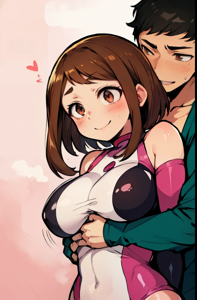 Browsing Caution:1.5,Ochako Uraraka, sorry、My hair is brown.,Naughty smile、 With eyes wide open、Bodysuits, Big Lips, outside, Curvy、((1 muscular boy, a muscular boy is grabbing girl’s breasts from behind))、Overflowing sexual fluid