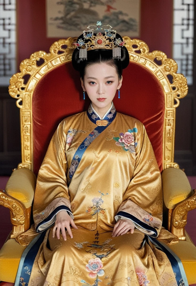 From before the Qing, The Empress sits naked on a golden sofa in the palace, Her eyes are wide open, Her legs were spread, big naked breasts. At the Chinese court during the Qing Dynasty, Empress of the Qing Dynasty, Empress of China, Wearing a large crown, When viewed from below, the abdomen and thighs are visible..。She is completely naked, Showing off gorgeous large flowers and hairpins, She tied her hair up and pulled it up, 背景はEmpress of the Qing Dynastyの豪華な宮殿.