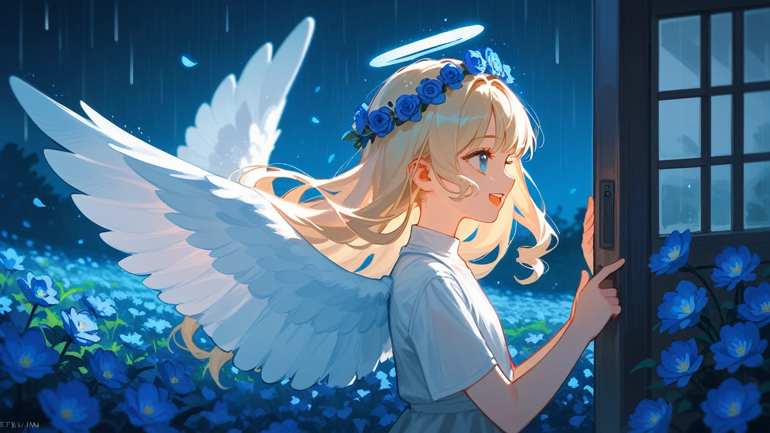 A young girl,Extra-long white curls,Blue flowers on head,Standing in a field of blue flowers,Open your mouth,Smile,Movie Lighting,out-of-door,moonlight,The character is on the left,Profile,Reach out and invite,Angel Wings,Bangs,Flower Rain