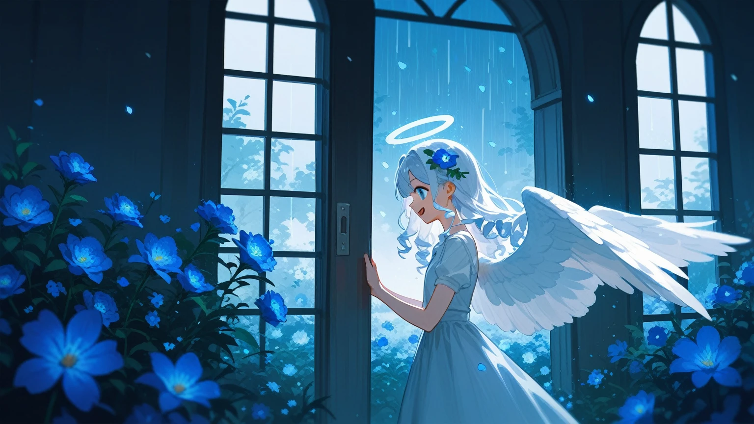 A young girl,Extra-long white curls,Blue flowers on head,Standing in a field of blue flowers,Open your mouth,Smile,Movie Lighting,out-of-door,moonlight,The character is on the left,Profile,Reach out and invite,Angel Wings,Bangs,Flower Rain