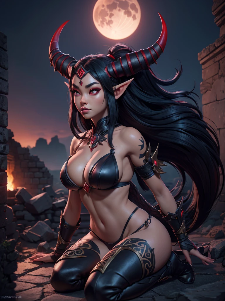 a beautiful busty Asian elf woman with demon horns, glowing eyes, and a demon tail, wearing a black and red bikini armor in ancient ruins at night under a full moon, black tattoo, boots, (best quality,4k,8k,highres,masterpiece:1.2),ultra-detailed,(realistic,photorealistic,photo-realistic:1.37),dark fantasy,cinematic lighting,dramatic atmosphere,vibrant colors,intricate details