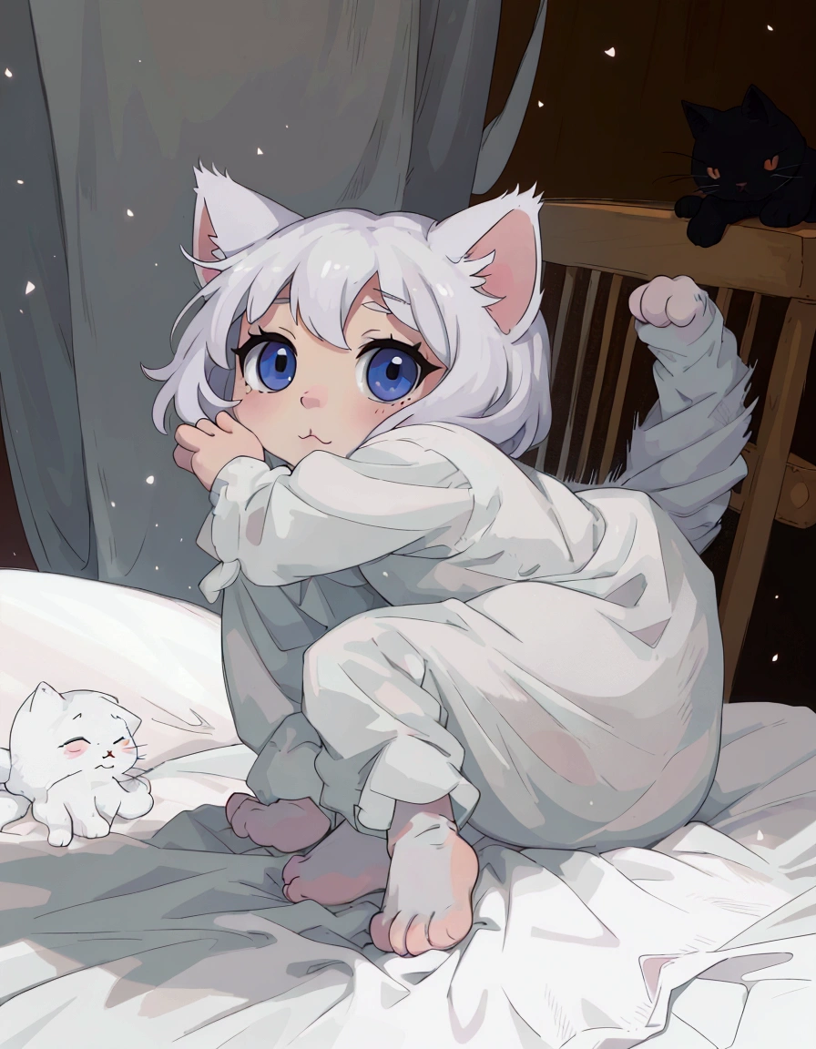(best quality:0.8) perfect anime illustration, cat, there is a white kitten sitting on a bed with a white blanket, cute and adorable, with cute doting eyes, an adorable kitten, a cute cat, the cutest kitten ever, cute kitten, cute and friendly eyes, cute cat, cute and cuddly, soft and fluffy.