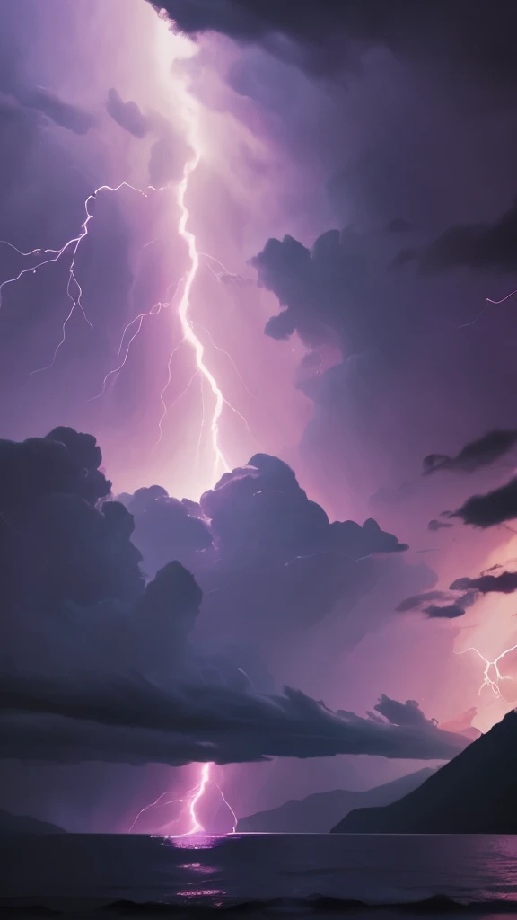 purple lightning streaks over a body of water under a cloudy sky, dramatic purple thunders, pink lightning, pink storm clouds, magenta lighting. fantasy, purple lightning, beautiful lightning, dramatic pink light, purple. ambient lightning, lightning clouds, beatifull lightning, amazing lightning, exquisite lightning, epic clouds and lighting, lightning storms, pink lighting, dramatic lightening