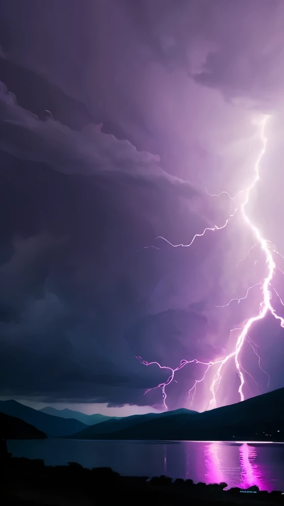 purple lightning streaks over a body of water under a cloudy sky, dramatic purple thunders, pink lightning, pink storm clouds, magenta lighting. fantasy, purple lightning, beautiful lightning, dramatic pink light, purple. ambient lightning, lightning clouds, beatifull lightning, amazing lightning, exquisite lightning, epic clouds and lighting, lightning storms, pink lighting, dramatic lightening