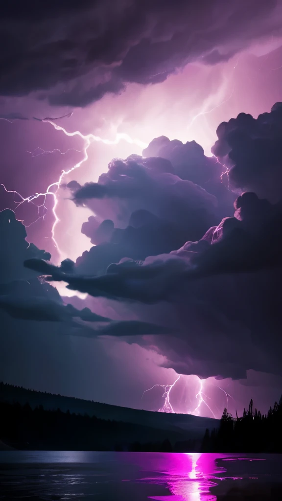 purple lightning streaks over a body of water under a cloudy sky, dramatic purple thunders, pink lightning, pink storm clouds, magenta lighting. fantasy, purple lightning, beautiful lightning, dramatic pink light, purple. ambient lightning, lightning clouds, beatifull lightning, amazing lightning, exquisite lightning, epic clouds and lighting, lightning storms, pink lighting, dramatic lightening
