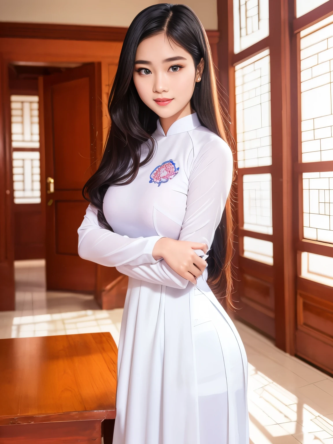 a beautiful 18 years old vietnamese school girl wearing a traditional white ao dai school uniform, standing in a hallway, (best quality,4k,8k,highres,masterpiece:1.2),ultra-detailed,(realistic,photorealistic,photo-realistic:1.37),hdr:1.4,professional photographer,school,hall,teen,vietnam,vietnamese,asian,female,portrait,elegant,graceful,beautiful detailed eyes,beautiful detailed lips,extremely detailed eyes and face,longeyelashes