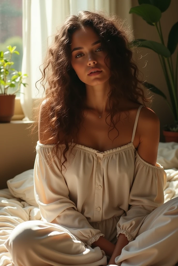 (photorealism:1.2), beautiful woman, sitting on bed, wearing loose off-shoulder top, pajama pants, long curly hair, indoors, soft lighting, plants in background, window with sunlight, cozy room, relaxed pose, realistic, intricate details, warm colors, by Greg Rutkowski, by Alphonse Mucha