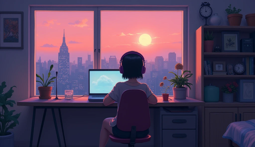 Portrait、512、Lo-Fi、Girl sitting on a chair wearing headphones、Take a nap at your desk、close your eyes、city view outside the window、evening、pastel colour、Painting、Big Breasts、Mystery、2D anime style