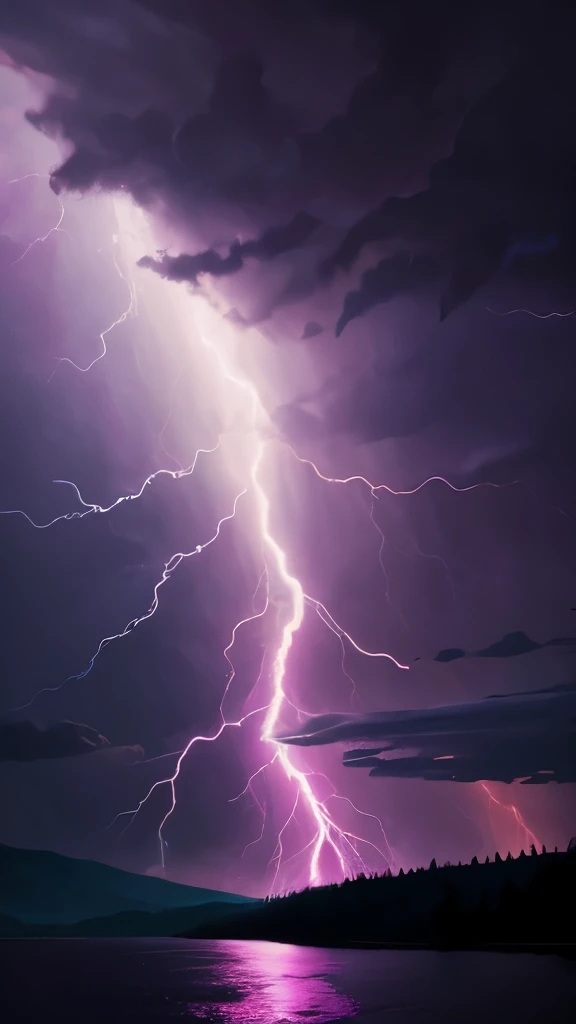 purple lightning streaks over a body of water under a cloudy sky, dramatic purple thunders, pink lightning, pink storm clouds, magenta lighting. fantasy, purple lightning, beautiful lightning, dramatic pink light, purple. ambient lightning, lightning clouds, beatifull lightning, amazing lightning, exquisite lightning, epic clouds and lighting, lightning storms, pink lighting, dramatic lightening