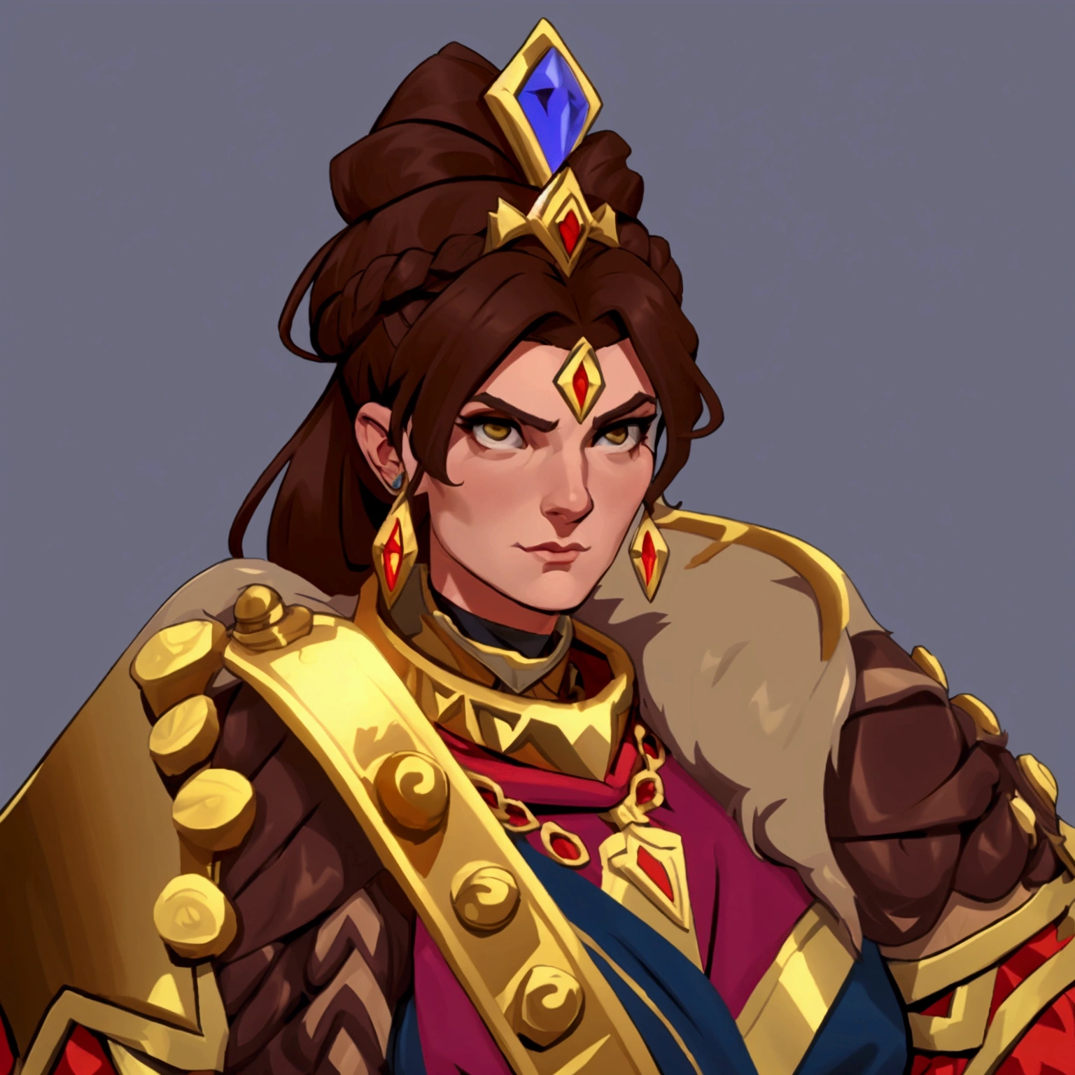 concept art, European and American comics, game character design, Middle-aged European woman, Beautiful appearance, brown hair, Gold crown on top of the head, Hair tied up on top of head, Warrior Silver Armor, 