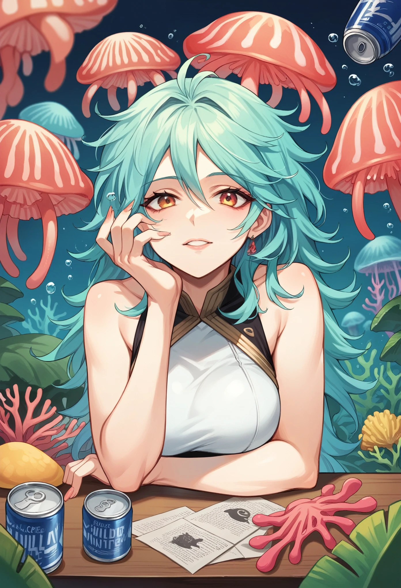 There is a table and a chair on which a woman is sitting. The woman is holding her right elbow and left elbow on the table with her arms up so that her fingernails can be seen clearly. On her nails, coral, jellyfish, tropical fish, and dolphins are placed on each of her five fingernails to recreate the ocean. Close-up shot of the nails.masterpiece , best quality . #prompt #spell